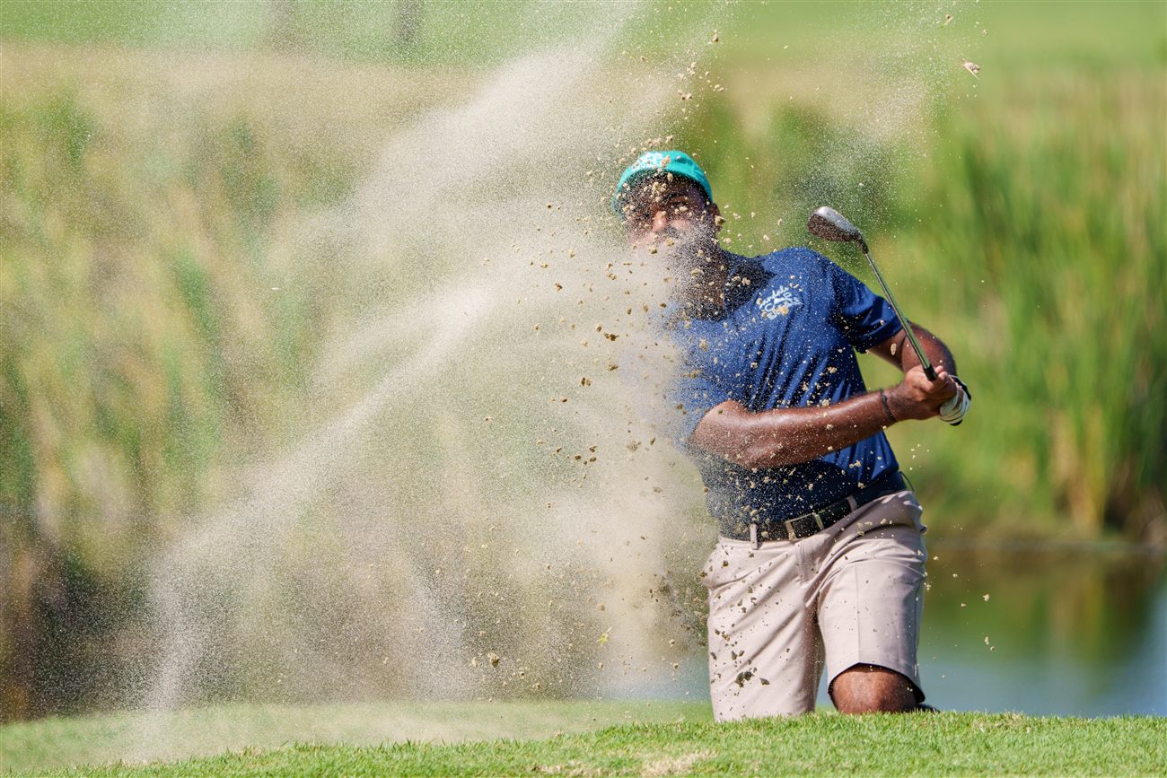 Yadhu Urs playing a bunker shot at the 2023 Latin America Amateur Championship