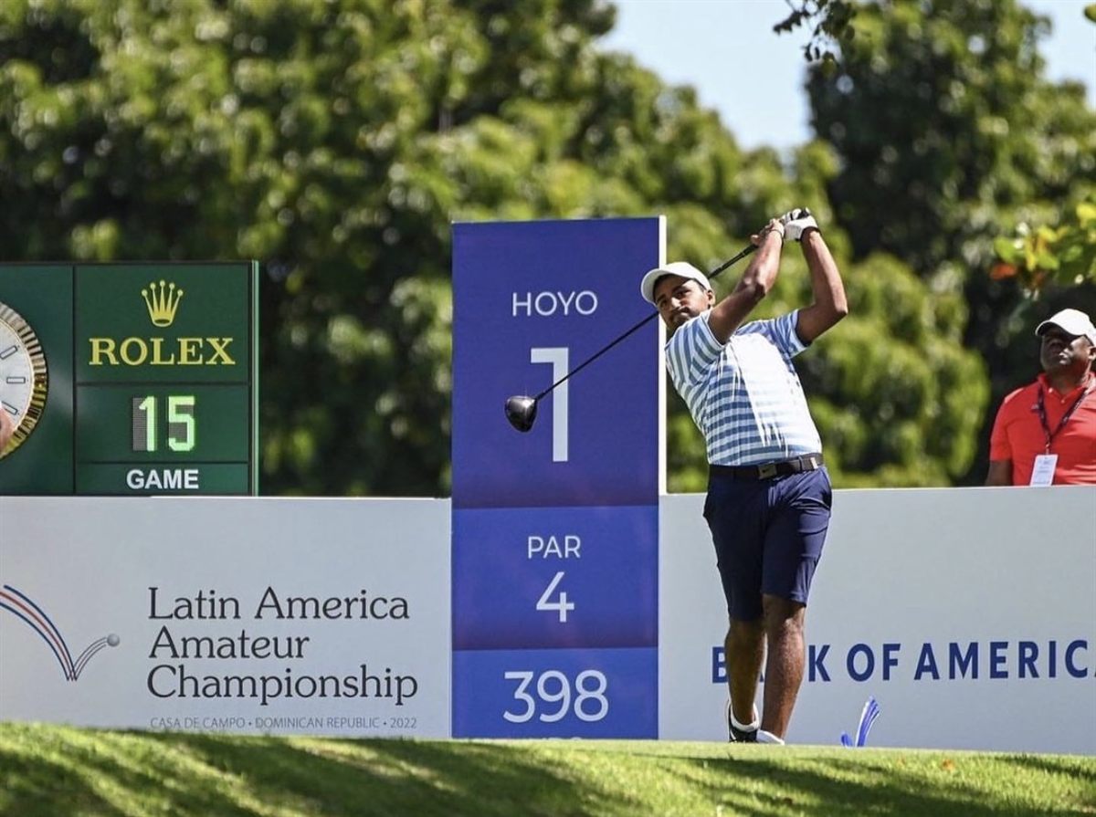Yadhu Urs teeing off at the 2022 Latin America Amateur Championship, Casa de Campo, Dominican Republic